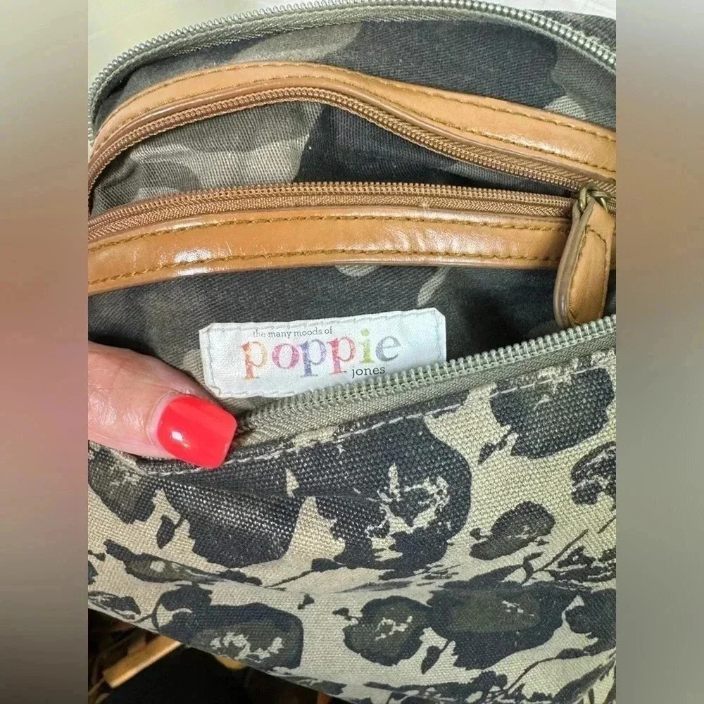Many Moods Poppie Jones Foldover Green Canvas Camouflage Crossbody Bag Studded